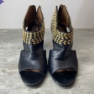 Carlos by Carlos Santana Black Leather Peep-Toe Heels with Gold Stud Cuff